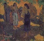 Yellow background, three women